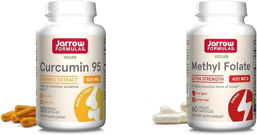 Jarrow Dictionas Curcumin 95 500 mg a methyl folát 400mcg Antioxidant a kardiovaskulární podpora zdraví doplněk stravy Bundle, 120 a 60 Veggie Kapsle