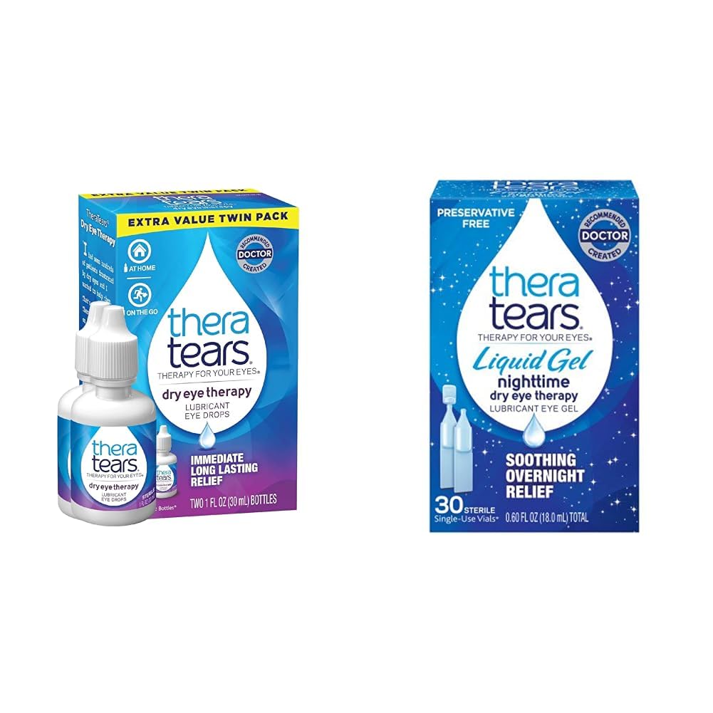 TeraTears Dry Oční terapie Lubrikační oční kapky pro suché oči, 1 fl oz Lahvička Twin Pack, (2 x 30ml Lahvičky) & Tekutý gel Nighttime Lubrikační Oční kapky pro suché oči, Jednorázové-Use Vily, 30 Počet