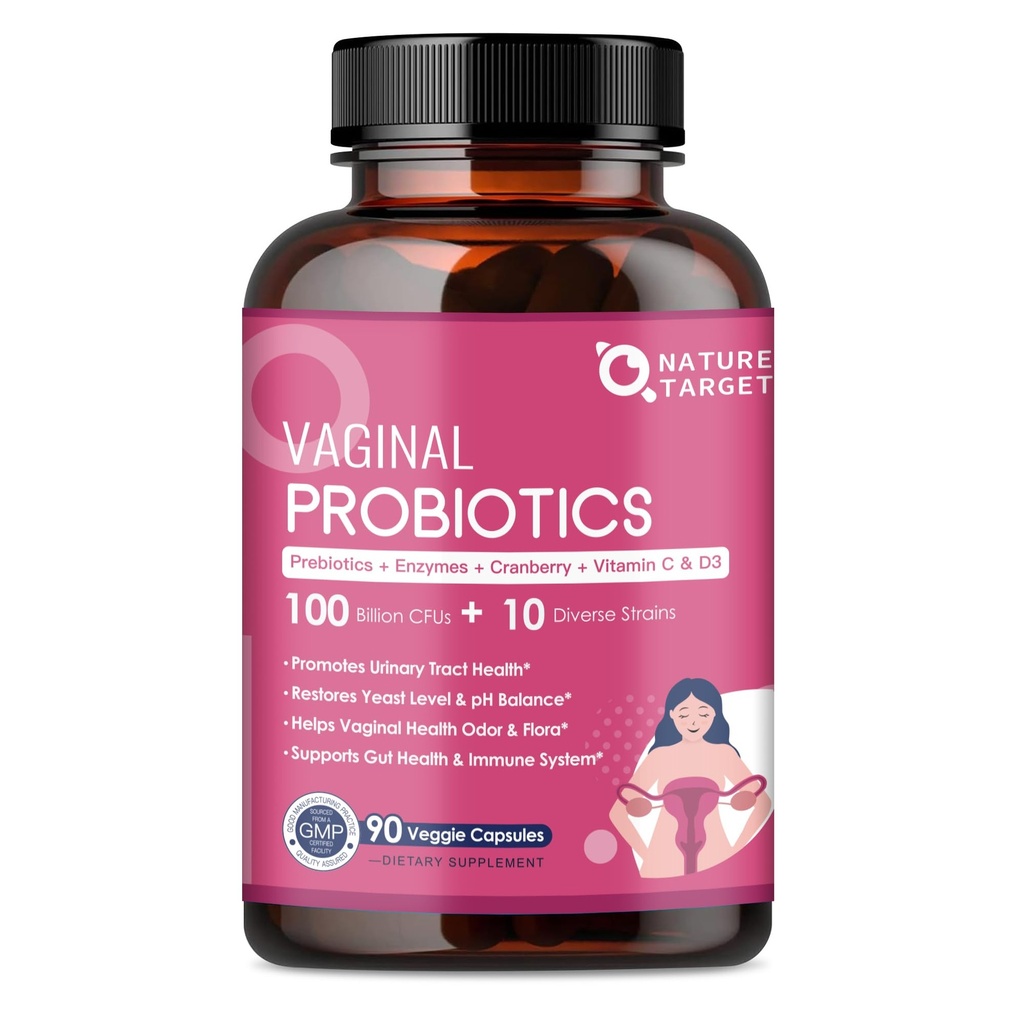 NATURE TARGET Vaginální Womens Probiotika, 100 miliard CFU Probiotika & Prebiotika s trávicí enzymy, Cranberry & D- Mannose - Podporuje pH bilance, zápach a močení Tract Health - 90 Kapsle