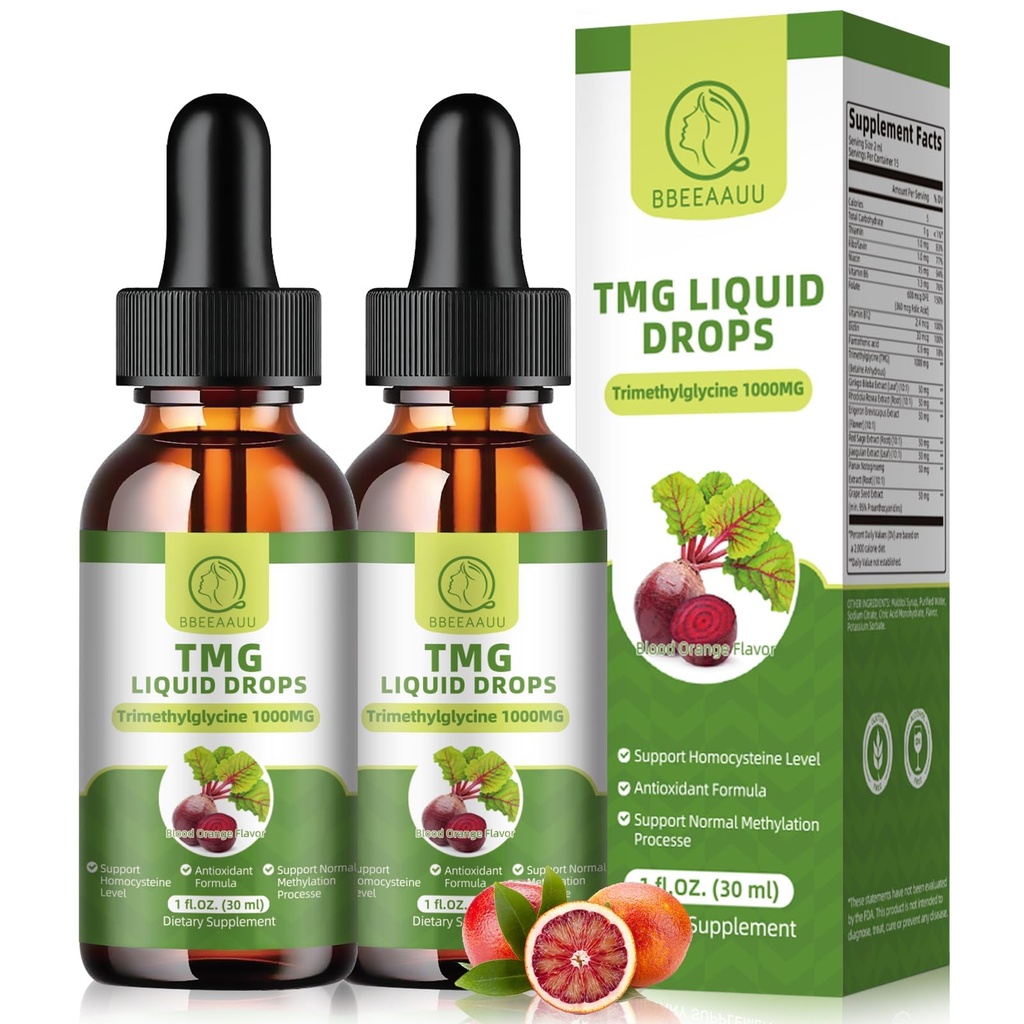 TMG doplňky 1000MG - Trimethylglycin kapalné kapky, Betaine vysoká absorpce, podporuje methylace, jaterní wellness & Cognitive, Non- GMO, Vegan, krevní pomerančové aroma, 1 Fl.Oz (2 balení)