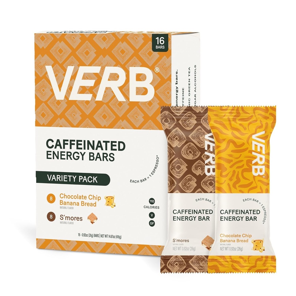 Verb Caffeinated Energy Bary Variety Pack - 2 Delicious Flavors (26g, balení 16) 110-Calorie Delicious Low Sugar Energy Bar, Vegan & gluten zdarma On- Go Snack s 80mg zeleného čaje kofein