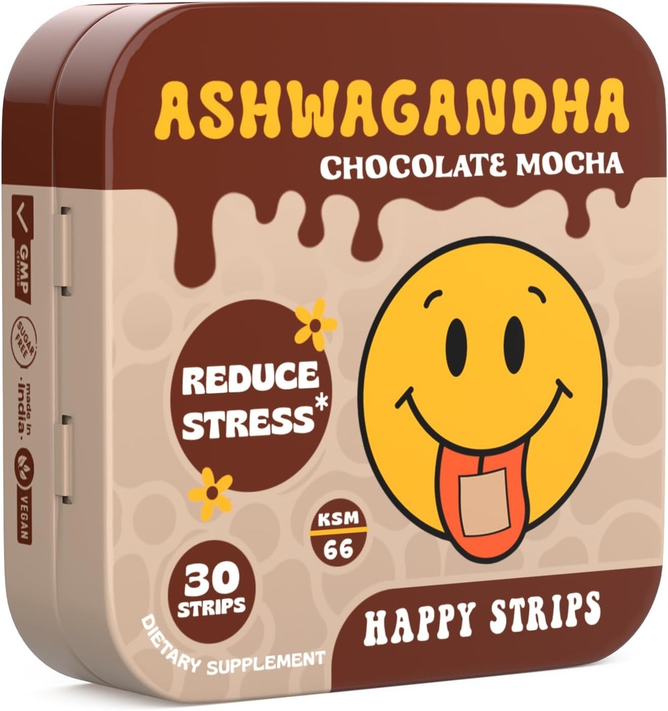 Happy Strips Organic Ashwagandha KSM 66 & GABA for Stress Relief, Calmness, Sleep - Fast-acting & Rapid-Disperse, Chocolate Mocha Ochucené, Organic, Vegan, Sugar- Free - 30 Počet