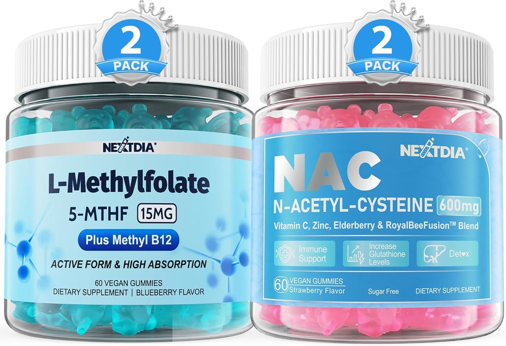 L- methylfolát 15mg & methyl B12 Gummies + NAC Gummies, 600mg N- acetyl Cysteine Supplement