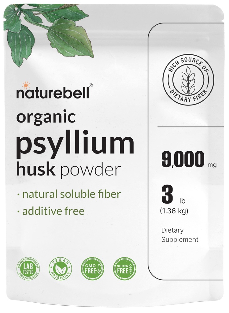 NatureBell Psylium Husk Fiber dodatek, 9,000mg Per Serving, 3lb (48oz) Prášek 124; Organic Soluble Fiber for Digestive & Gut Health CLANE124; Plant- based, Neochucené, Non- GMO, gluten- zdarma