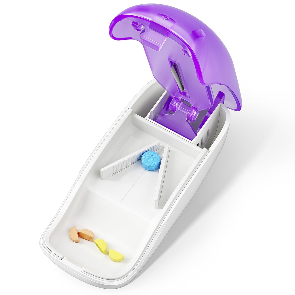 Pill Cutter Splitter pro malé a malé pilulky, Pill Cutter pro řezání Vitamíny Tablety v polovině, Pill Splitter s Blade Guard, Purple