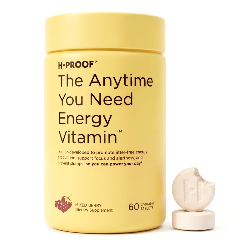 H- PROOF Kdykoli budete potřebovat energii vitamín pro trvalou energii, Focus & Alerness s Jitter- Volný kofein, 60 Žvýkací energetické doplňky (30 Služeb), Smíšené Berry