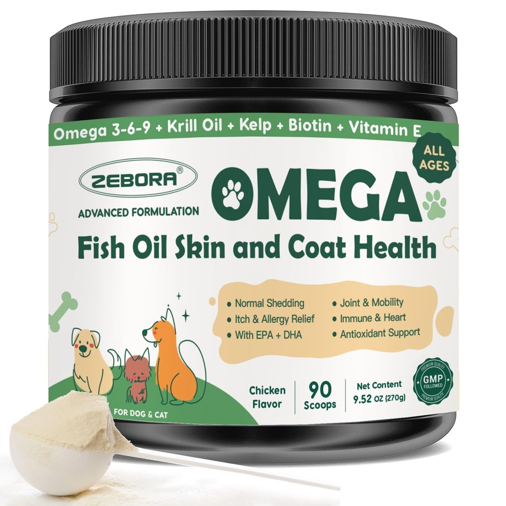 Zebora Omega 3 Rybí olej pro psy, Wild Catched Dog Fish Oil, EPA & DHA, Krill Oil, Kelp, Kůže a kabát dodatek, Anti Itch & Shedding, Podpora suché kůže, Společné zdraví, Psí alergie Relief