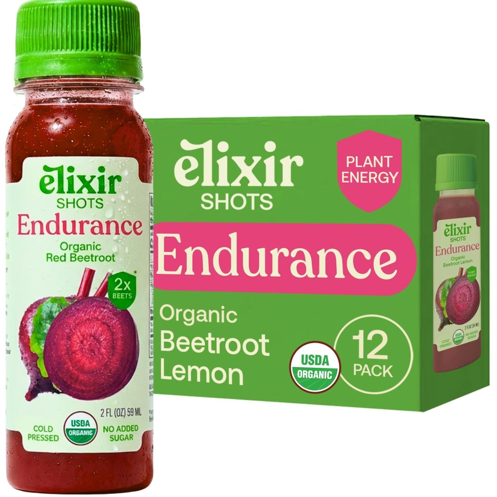 Elixir Pants, Endurance & Wellness Shot with Cold- Pressed 100% Organic Ingredients, Beet, Carrot, Celery, Lemon, No Add Sugars or Icide Ingredients, 12 Pack