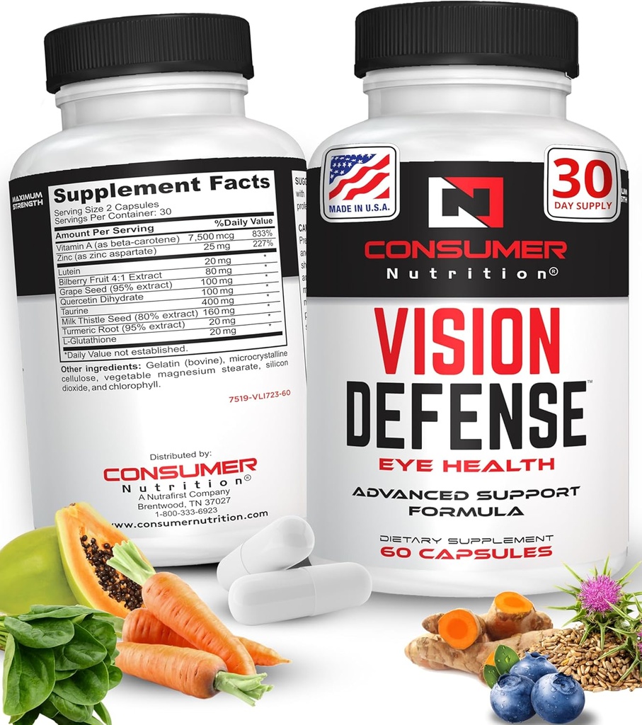 Oční doplňky pro dospělé - Podporuje a chrání oční zdraví s vitamínem A, Lutein, Taurin, Turmeric Root, Grape Seed Extract & Milk Thistle Seed - Vision Defense 60 Ct