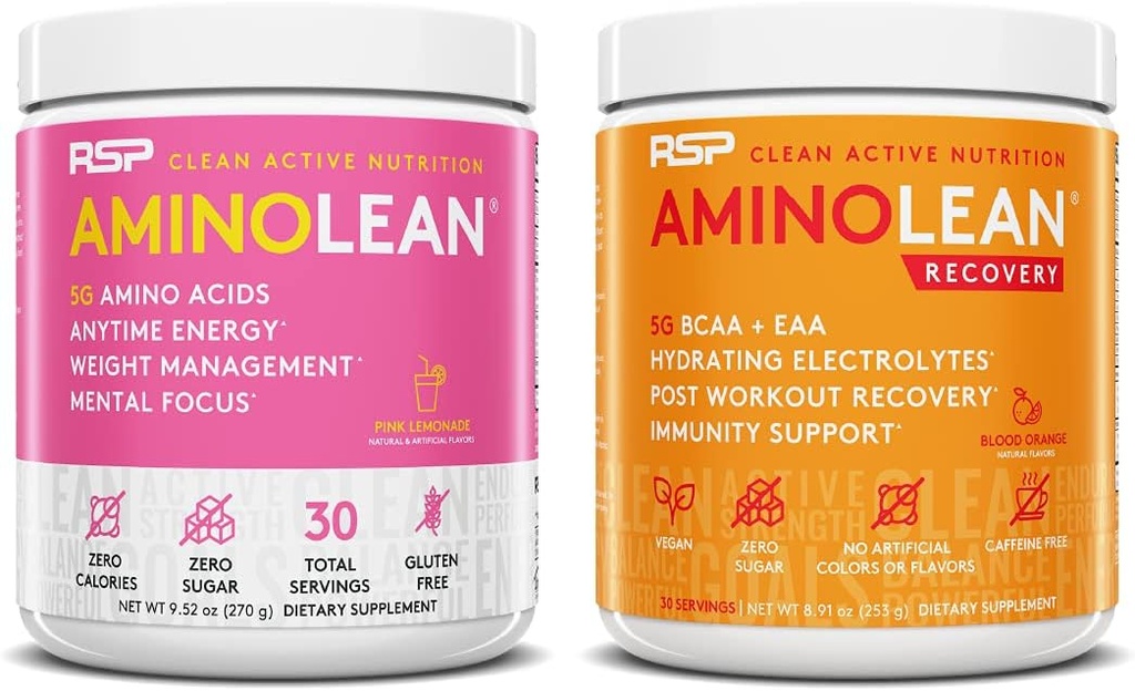 RSP Nutrition AminoLean Pre Workout Energy (Pink Lemonade 30 Servings) s AminoLean Recovery Post Workout Boost (Blood Orange 30 Servings)