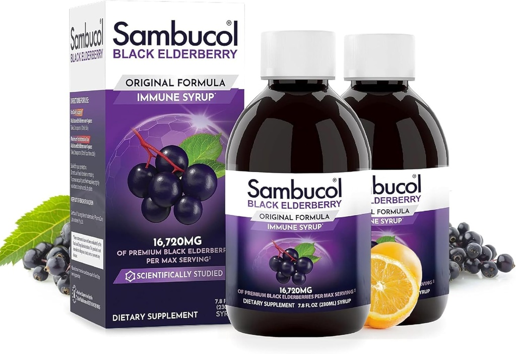 Sambucol Black Elderberry Sirup - Sambucus Syrup, Black Elderberry Liquid, Imunitní podpora pro děti a dospělé, High Antioxidants, Gluten Free - Původní Formule, 7.8 Fl Oz, 2-Pack
