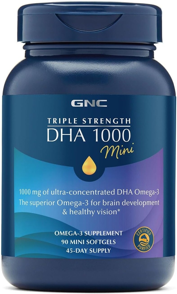 GNC Triple Strength DHA 1000 Mini Omega 3 dodatek, 1000mg, Ultra koncentrovaný, vysoká potence, podporuje vývoj mozku a zdravé vidění, bezproblémové, 90 Mini Softgels, 45 SVG, 45 denní dodávka