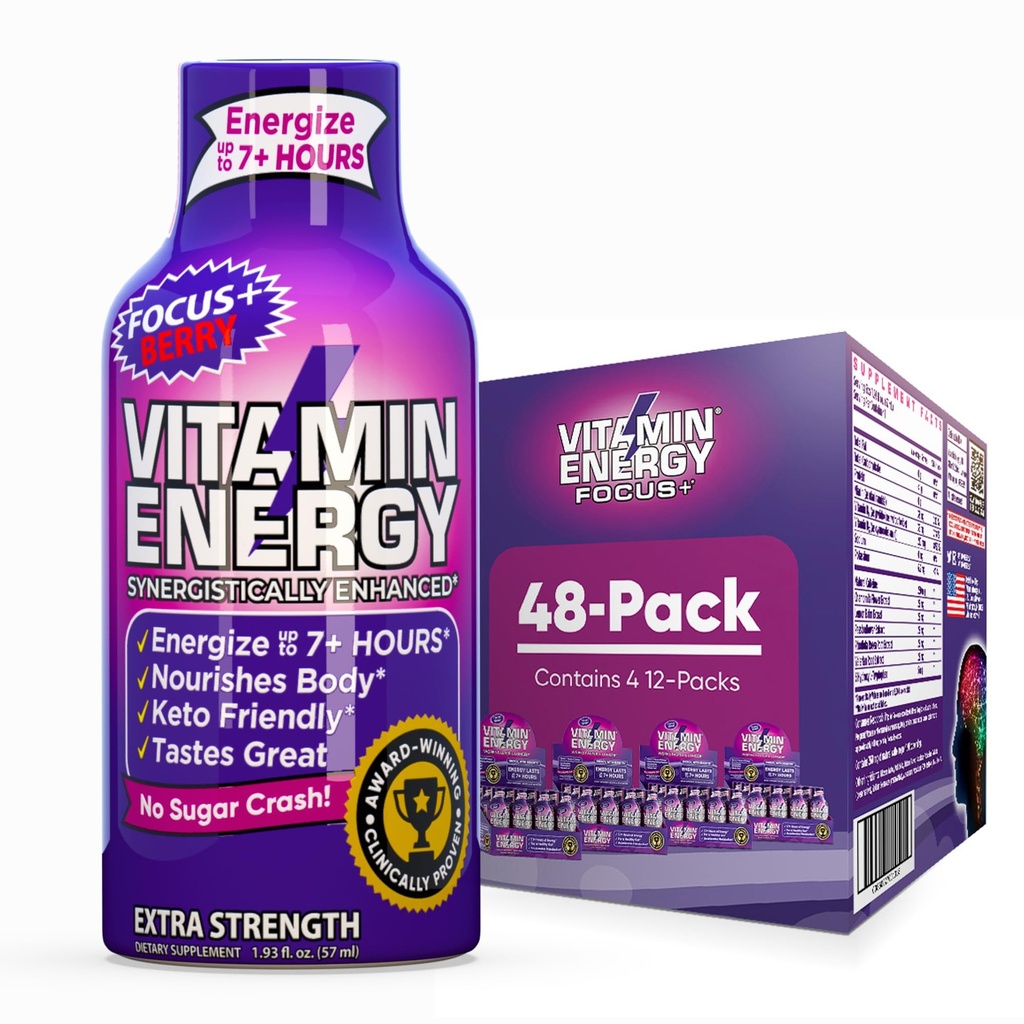 Vitamin Energy Focus + Extra Strength Energy Shot Berry 48 Pack, 260mg přírodní kofein, B-vitaminy, CoQ10, aminokyseliny, Focus, Productivity & Clarity, Nulový cukr, gluten- Free, 1.93 fl oz