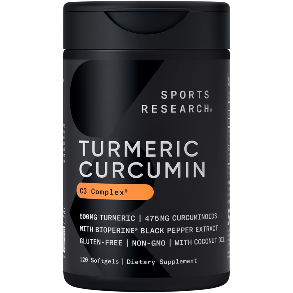 Sportovní výzkum Kurkumin C3 Komplex - Váčky s bioperínou Black Pepper Extract & Organic Coconut Oil, Standardizované 95% Kurkuminoidy - Non- GMO Ověřené & gluten zdarma - 500mg, 120 Počet