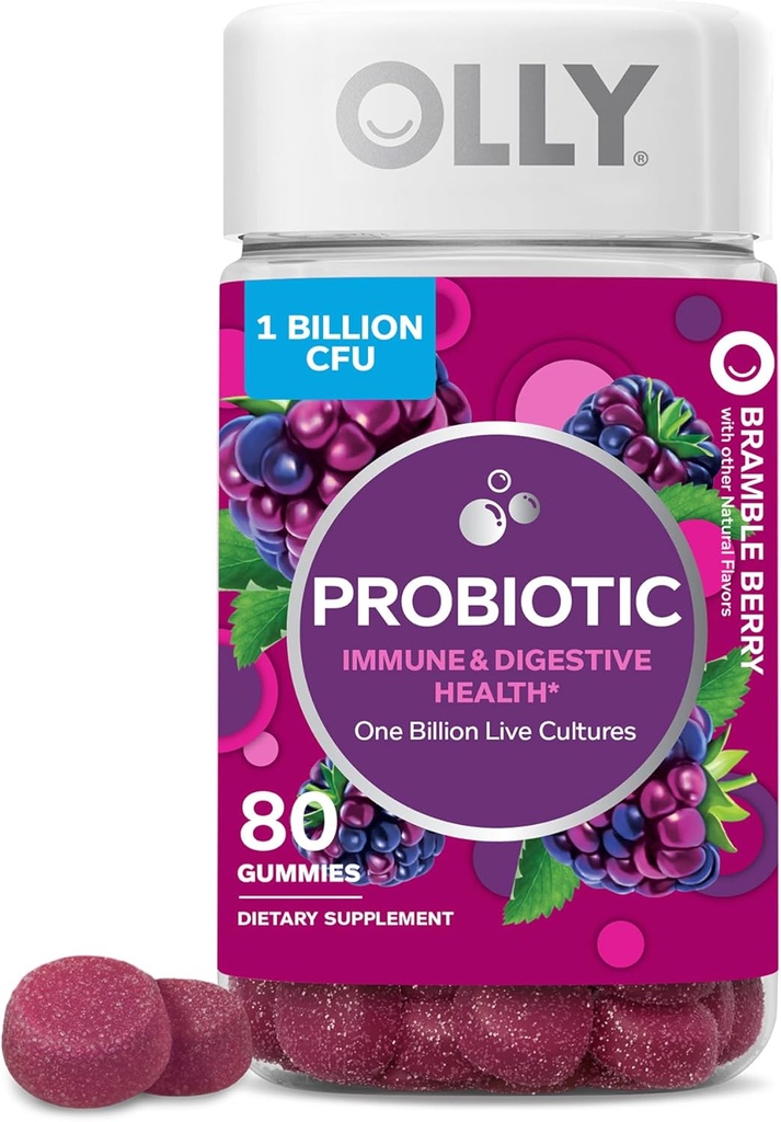 OLLY Probiotický Gummy, Imunitní a trávicí podpora, 1 bilion CFU, Žvýkací Probiotický dodatek, Berry, 40 denní dodávka - 80 Počet