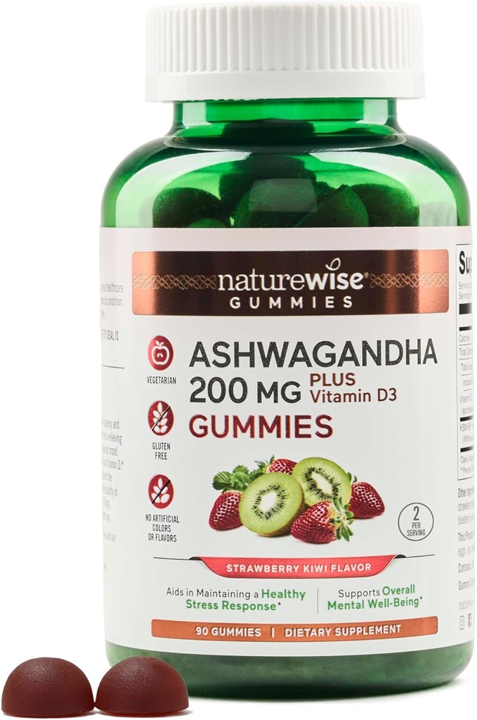 NatureWise Ashwagandha Gummies - Strawberry Kiwi - KSM-66 s vitamínem D3 - Calming Mood Support - Vegetarian - Non- GMO, želatina a gluten Free - 90 Počet [45- Day Supply]
