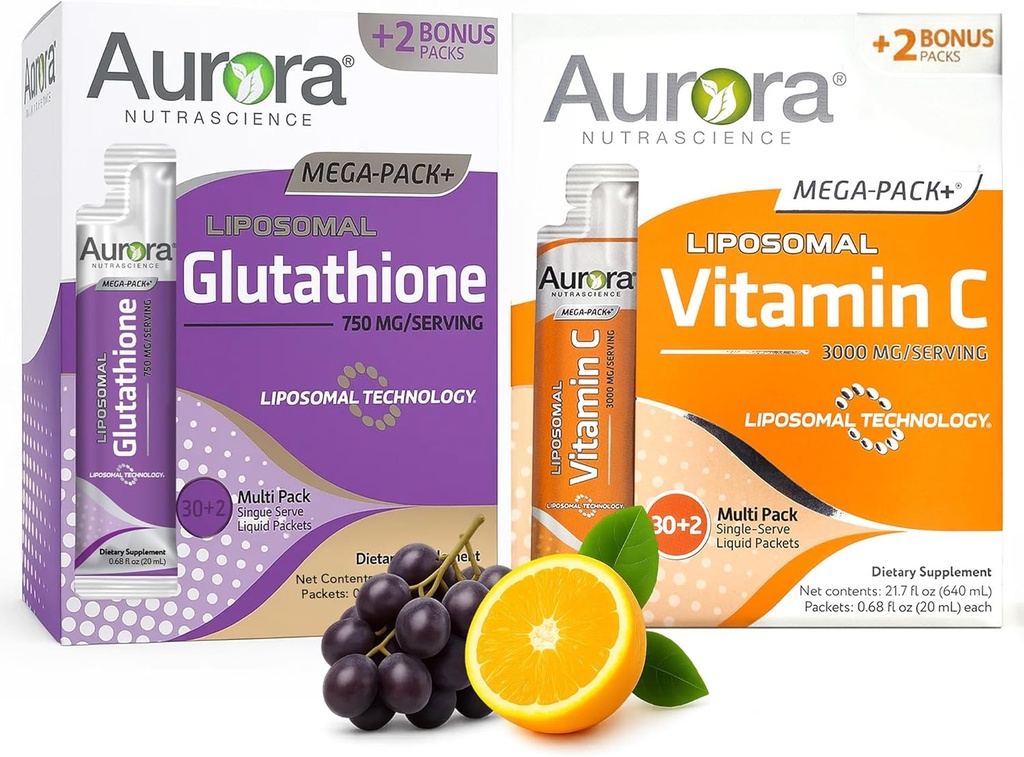 Vida Lifescience Aurora Nutrascience Mega Vitamin C & Glutathione Bundle, 64 Packets Imunication & Antioxidant Support