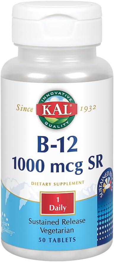 KAL B-12 1000 mcg Trvalé uvolňování 124; Zdravý metabolismus, Energie, Nerve a Red Blood Cell Support PHAR124; Vegetarian PHAR124; Laboratoř ověřená PHAR124; 50 tablet