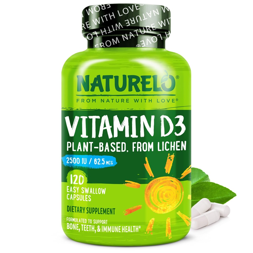 NATURELO Vitamin D - 2500 IU - Plant based from Lichen - Natural D3 Supplement for Imunitary System, Bone Support, Joint Health - Vegan - Non- GMO - Gluten Free - 120 Kapsle