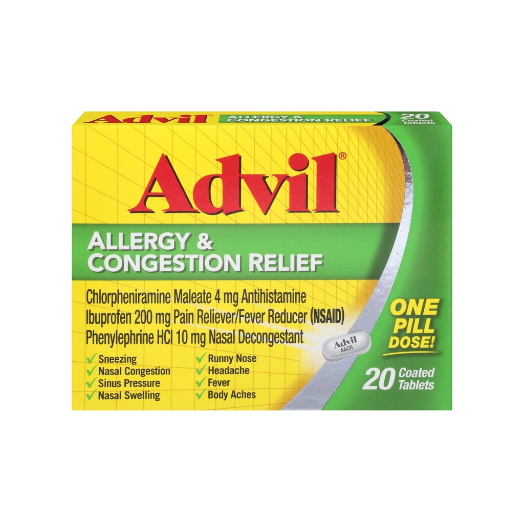Advil Alergie a zácpa Relief tablety, bolest Reliever, horečka Reducer a alergie Relief s Ibuprofen, Fenylefrin HCl a Chlorfeniramin Maleate 4 mg - 20 potahované tablety