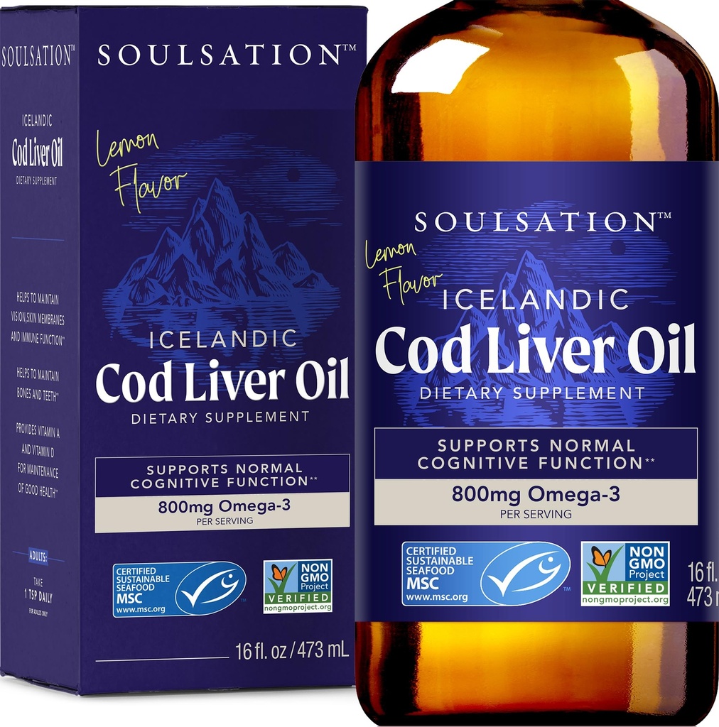 Islandské Cod Jaterní Oil Liquid, Lemon (16oz) - Vitamíny A & D, EPA & DHA - Pomáhá Vizi, Pleťová membrána a imunitní funkce - MSC Certified, Non- GMO