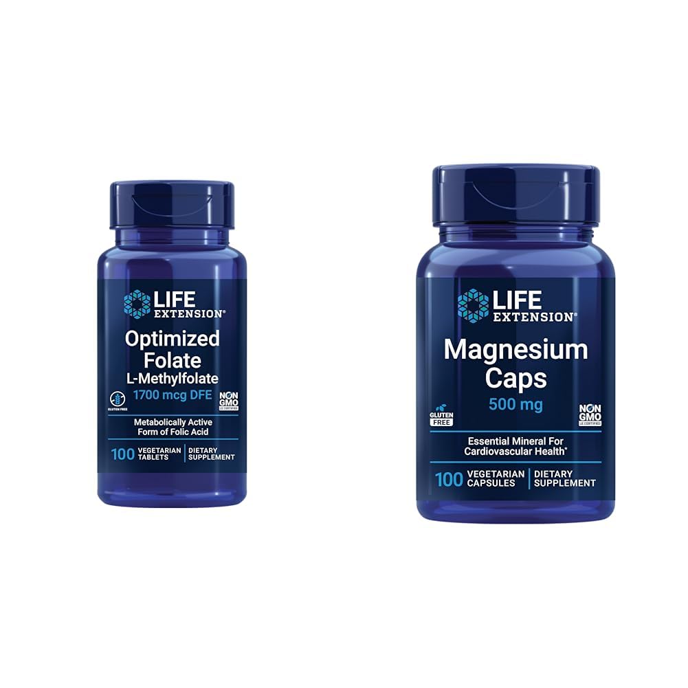 Life Extension Brain & Heart Health Folate and Magnesium Supplement Bundle, 100 tablet a 100 kapslí