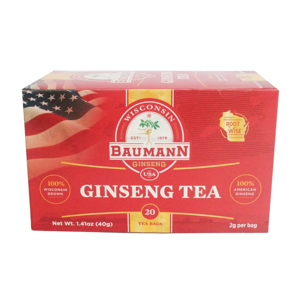 Baumann Premium American Ginseng Tea Bags (20 Tea Bags) - Authentic Panax Wisconsin Grown Panax Ginseng Herbal Tea - Zdravý zelený čaj s antioxidanty Ginsenosids pro zvýšení koncentrace a energie