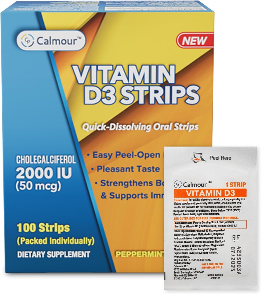 Vitamin D3 proužky 100 balení 124; 2000 IU perorální rozpustitelné D3 vitaminové proužky 124; mátový flavor rozpustí na jazyku za 30 sekund 124; zvýšení imunity a zvýšení duševního soustředění s vitaminem D3 2000