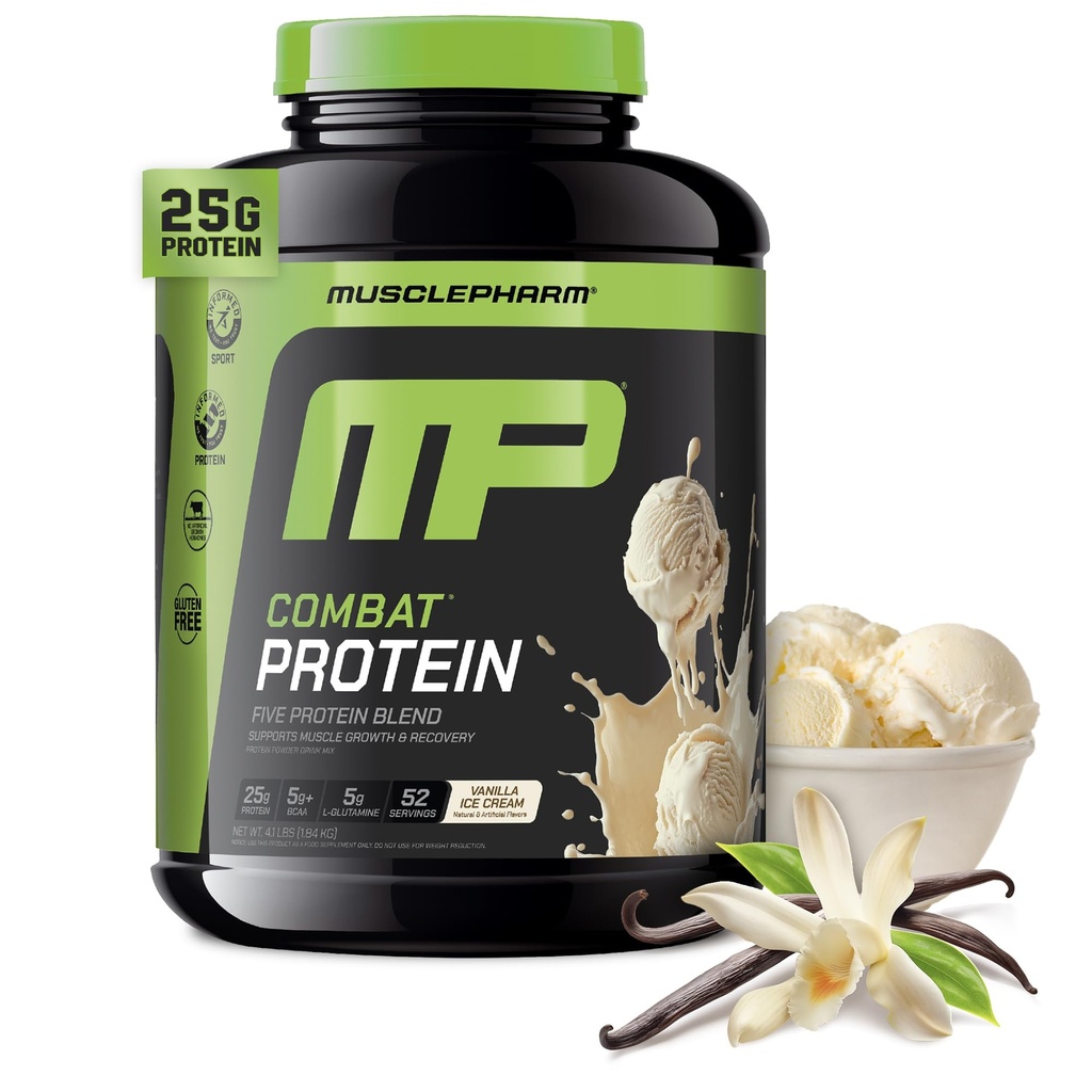 MusclePharm Combat Protein Powder, Vanilla Flavor, Fuels Muscles for Productive Workouts, 5 Zdroje bílkovin včetně syrovátkového proteinu izolátu a vaječného albuminu, gluten zdarma, 4 LB, 52 Služeb