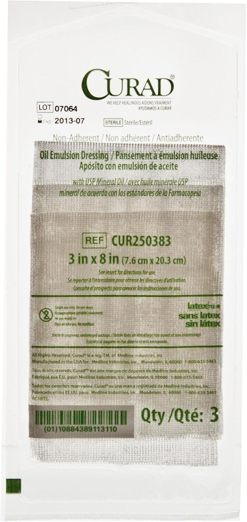 CURAD Sterilní Non- Adherent Oil Emulze Gázový dresing, 3 "x 8", ideální pro péči o zranění, balení 648