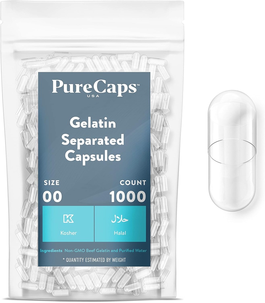 PureCaps USA - Prázdná želatina Kapsle Velikost 00 Brazil124; 1000 Oddělené pilulky Brazil124; Clear Brazil124; Non- GMO Certifikované Brazil124; SLS, Lepek, Konzervační zdarma