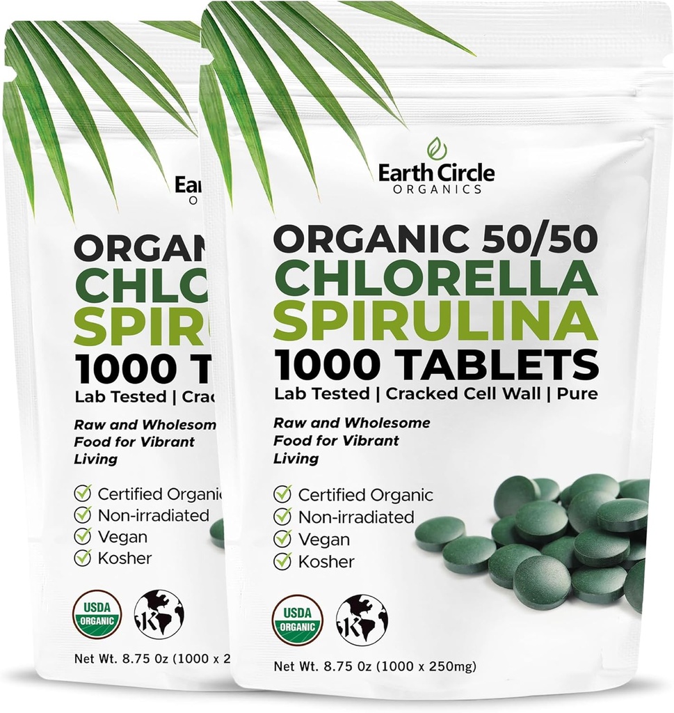 Premium Organic CHLORELLA / SPIRULINA 1000 Tablet (50 / 50) Kosher, Vegan - Green Algae Superfood, Cracked Cell Wall, Chlorofyl, High in Protein & Iron, no additives, or Fillers 8.75 Oz (2 Pack)