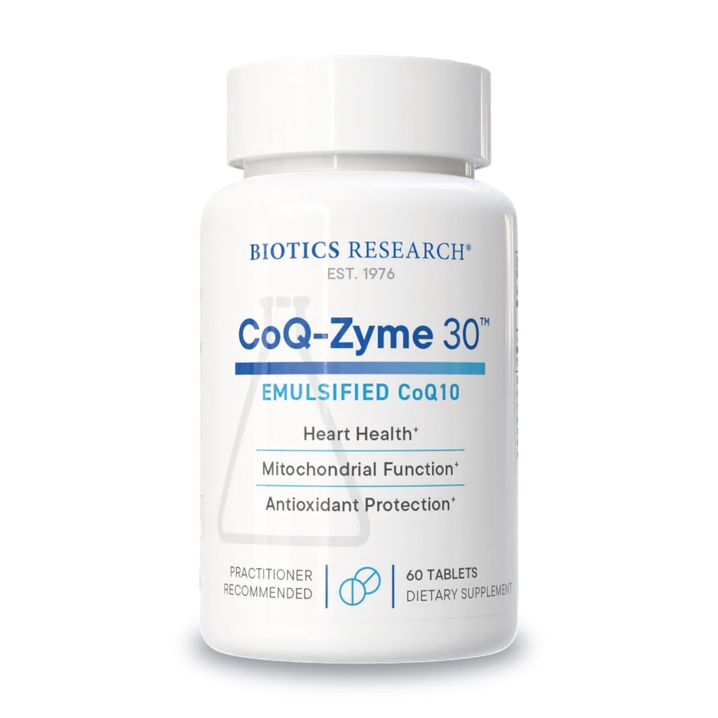 Biotika Výzkum CoQZyme 30 Miligram emulgovaného koenzymu Q10 CoQ10, Dodává Superoxid dimutázy a katalázy, Dva důležité antioxidanty 60 Tabs