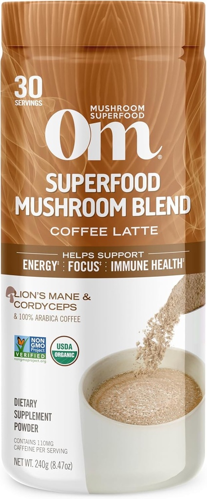 OM MUSHROOM SUPERFOOD káva latte míchaná houba prášek, 8.47 Ounce Canister, 30 Servings, Lví hříva, Cordyceps, Reishi, Chaga, Energy & Duševní Clarity Supplement
