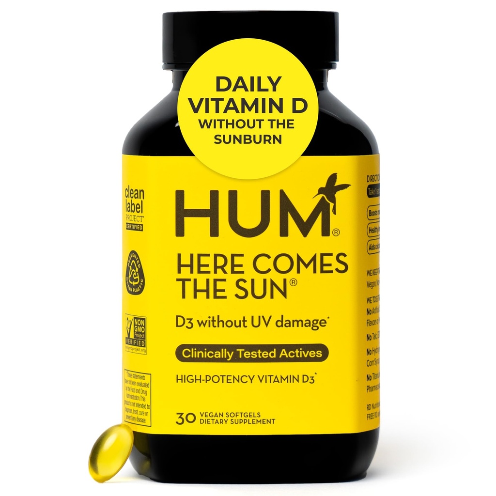 HUM Zde přichází Sun Imunitní Supplement s vitamínem D doplňky pro ženy a muže pro zdravý imunitní systém, D3 vitamin podporuje zdraví kostí, 30 Kapsle