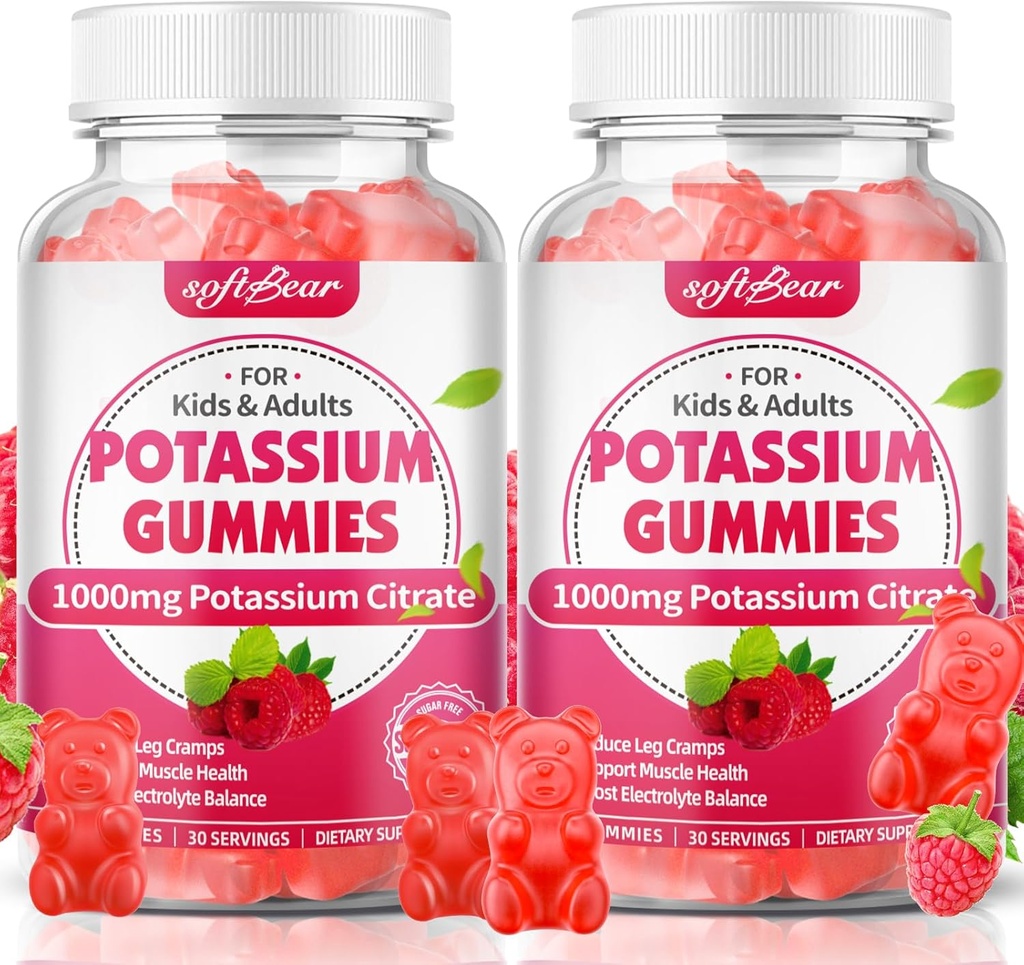 softbear kalium Citrát 1000mg Gummies - vysoká absorpce draslíkové gumy pro svalovou podporu a rovnováhu elektrolytů - doplněk draslíku pro ženy a dospělé, Vegan, Malina Flavor (120 Počet)