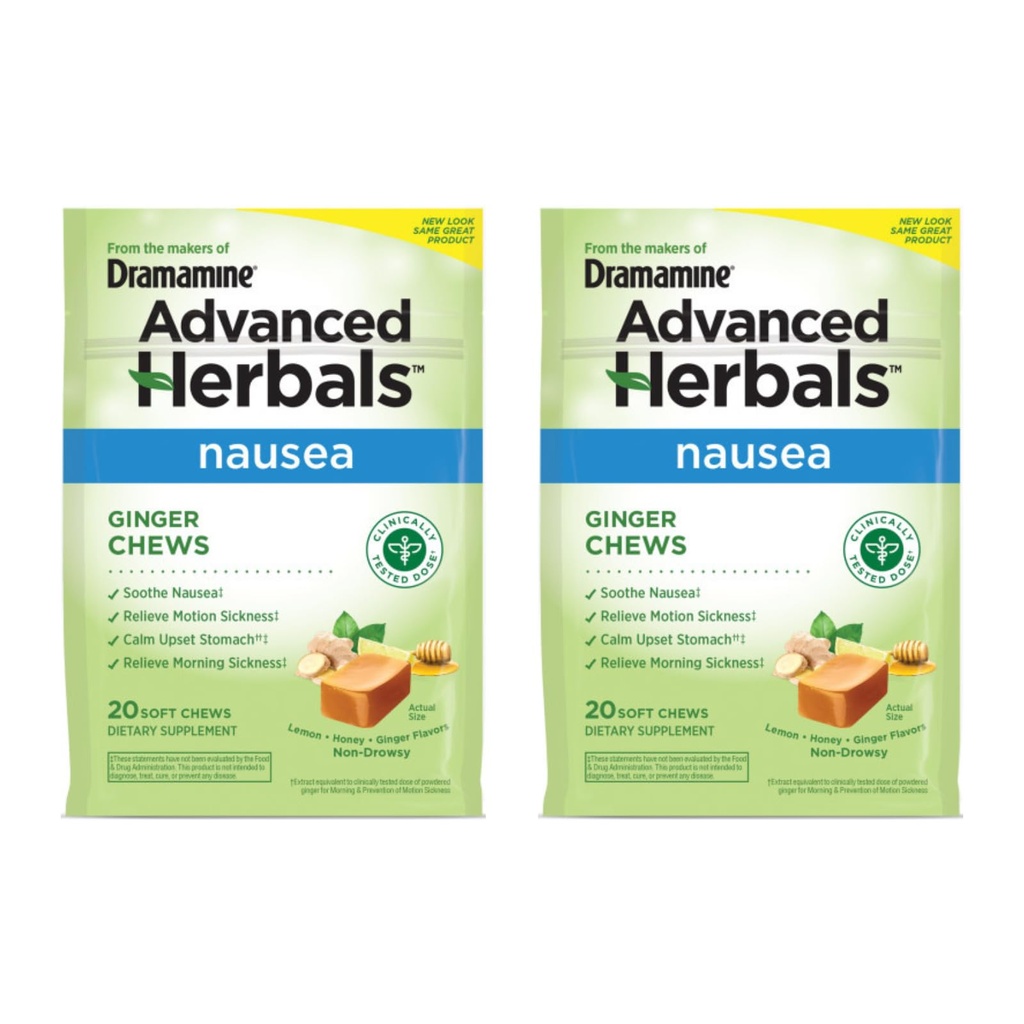 Dramamin Ginger Chews, Pomáhá s Nausea, Lemon Honey Ginger Flavor, 20 měkkých Chews (Balení po 2)