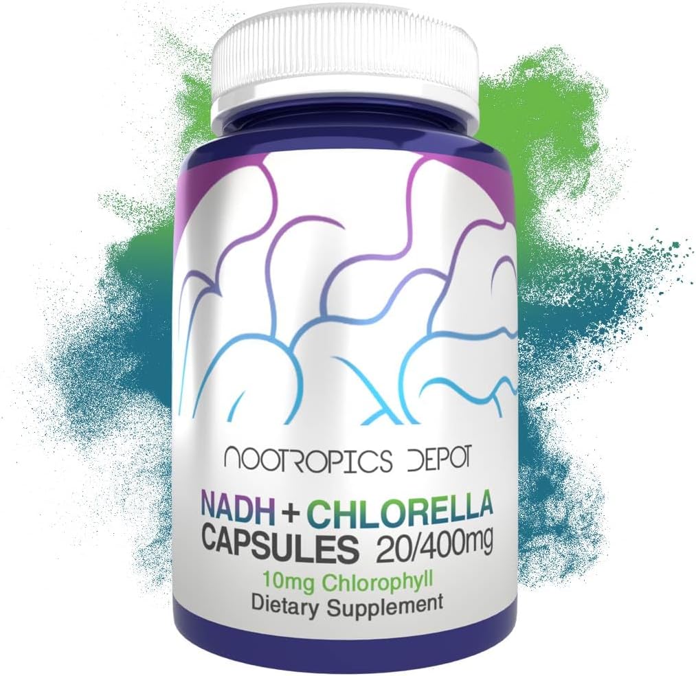 Nootropics Depot NADH + Chlorofyl 10mg Kapsle 124; Nicotinamid Adenin Dinucleotide 20mg Adenotide 124; Chlorella vulgaris (Broken Cell) 400mg Amend124; Energie, Alerness, Mental Clarity, & Zdravé stárnutí, 90 Počet