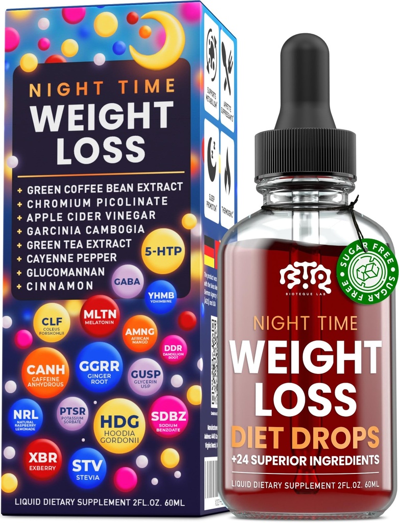 Night Time Weight Loss Diet Drops - Kontrola chuti, spalovač tuků, Metabolismus Booster - jablečný ocet - Skořice - Cayenne Pepper