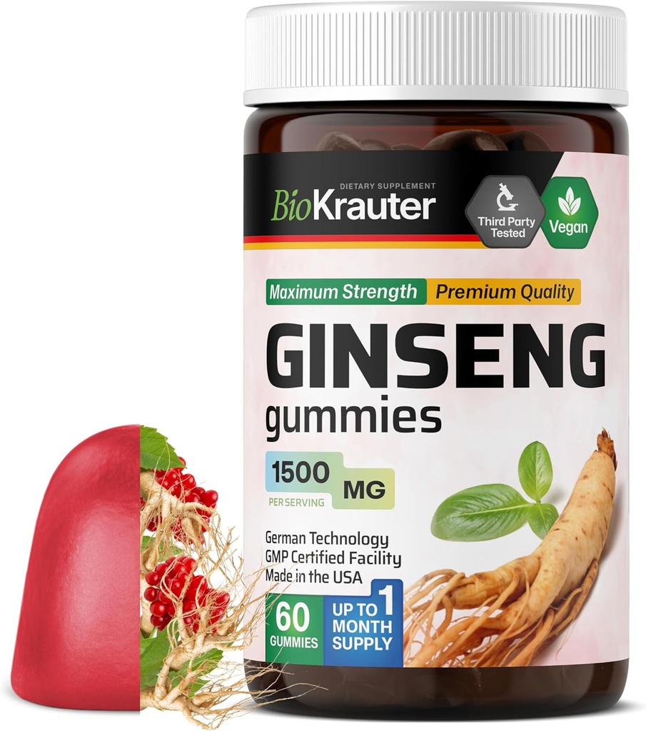 BIO KRAUTER Panax Ginseng Gummies - 1500 mg Síla - 60 Počet - Žvýkací červený Ginseng dodatek - Imunitní podpůrná gumy - Vegan, Pectin- based, Non- GMO
