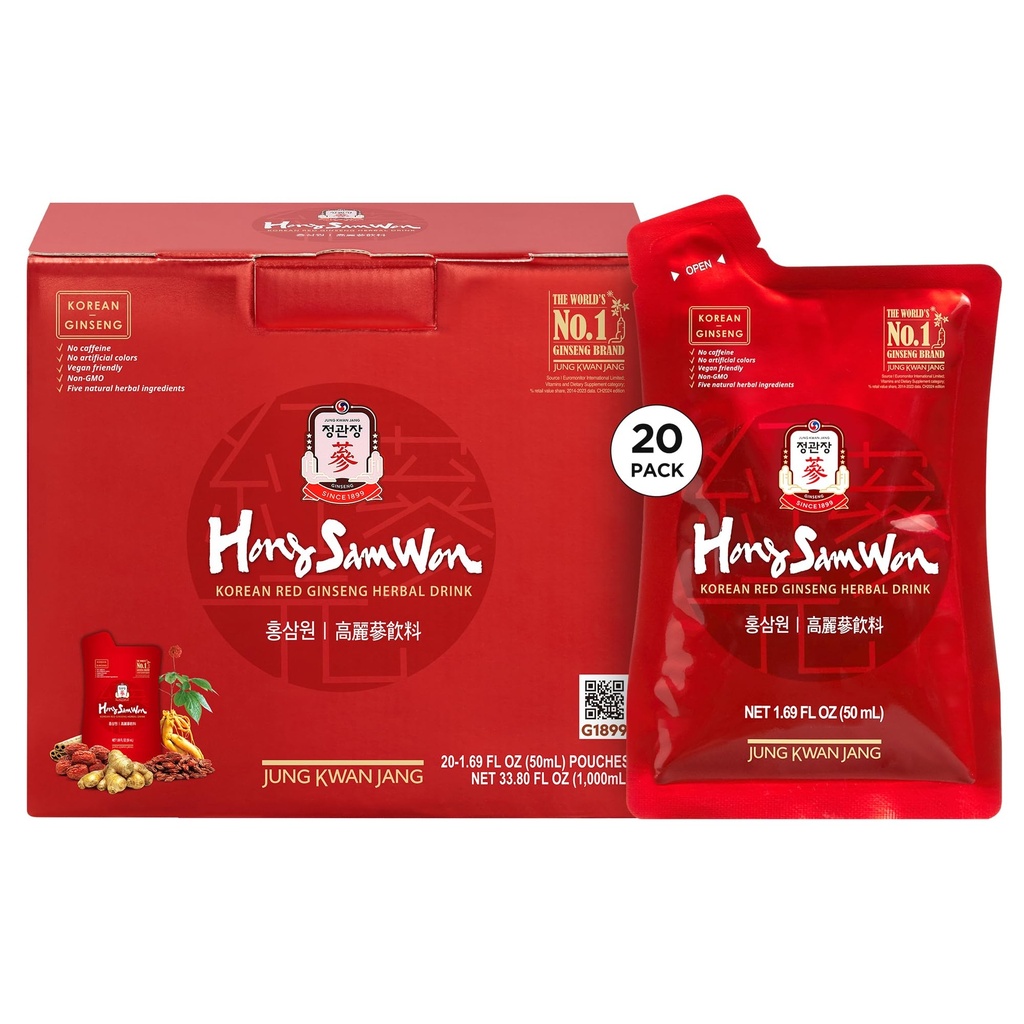 JUNG KWAN JANG Hong Sam Won Korean Red Ginseng Drinky 124; Energy Drink, Pre Workout, Bylinný čaj, Ginseng dodatek 124; Jujube, Ginger, Skořice, Goji Berry Dutch 124; Vegan Friendly (20 hrabě)