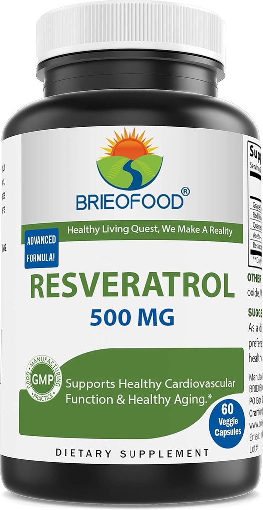 Brieofood Resveratrol 500mg - Přírodní antioxidant dodatek pro kardiovaskulární a imunitní systém zdraví - 60 Veggie Kapsle