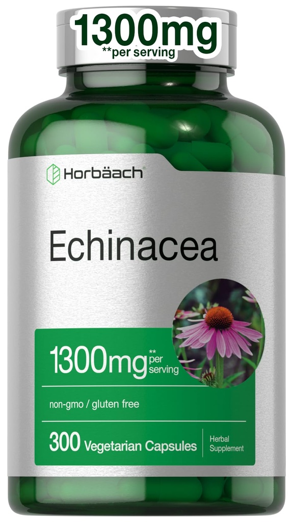 Horbäach Echinacea Extract Capsules 1300mg CLAS124; 300 Count CLAS124; Vegan, Non- GMO, gluten zdarma dodatek