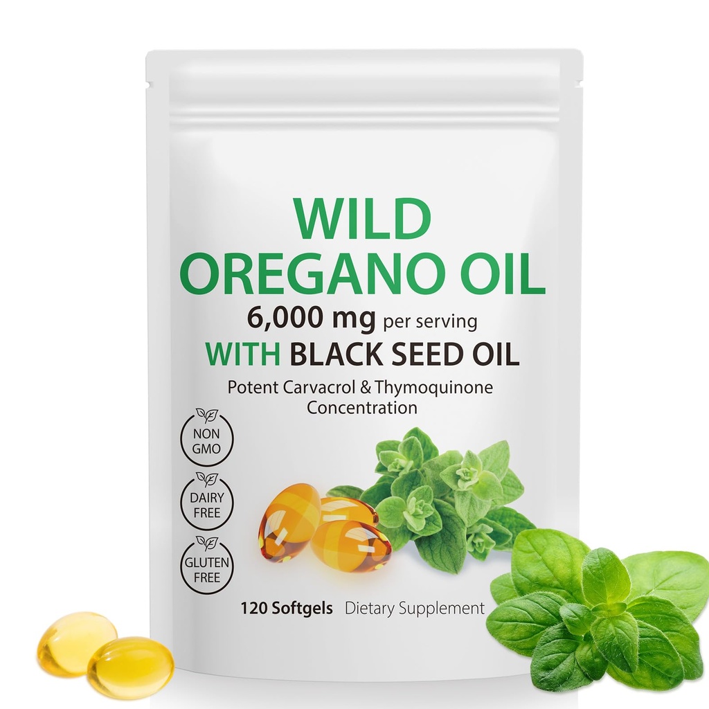Olej Oregano Softgels, Oregano Oil Kapsle Organic, 2in-1 6000mg Oil Oregano s černým semenným olejem 200mg, Oregano Oil s černým semenným olejem, 120 Softgel Kapsle