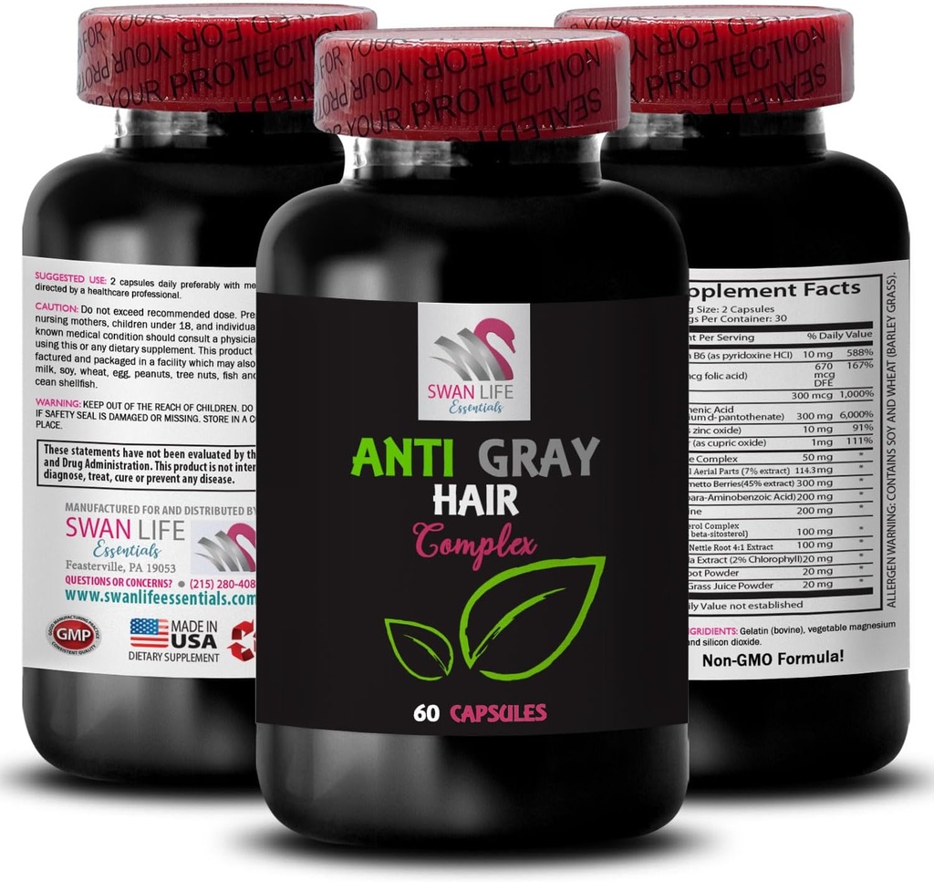 Antišedé pilulky na vlasy - ANTI GRAY HAIR COMPLEX - Barevná vitalita, šedá péče o vlasy, svěží tón, Vibrující barva, Anti šedé vlasy doplněk, Ostření vlasů, mladistvý vzhled 1 Lahvička 60 Kapsle