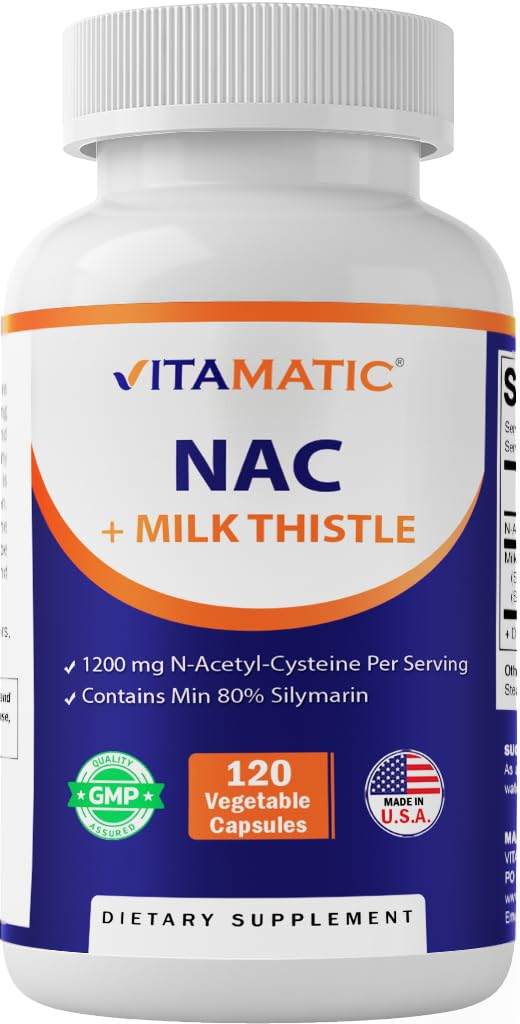 Vitamatický doplněk NAC N-Acetyl-L-cystein (NAC) s mléčným thistle 50: 1 Extrakt - podporuje imunitní, dýchací, jaterní zdraví, 1200 mg na servírování, 120 Veg Kapsle