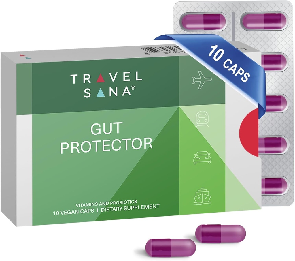 Stravovací zdravotní podpora pro cestovatele crust 124; Stop & Prevent Diarhea, Bloating, Gas crust 124; Zvyšování imunitního systému crust 124; Probiotika & Essential Vitamíny crust 124; Fast- acting crust crust 124; 10 Vegan Caps