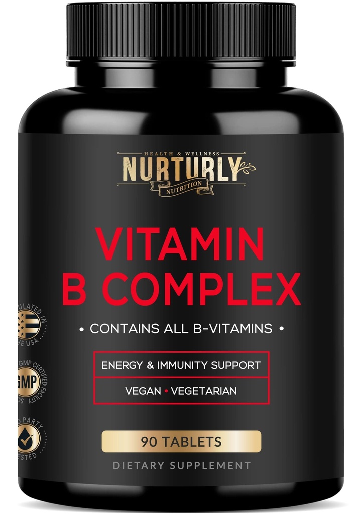 Komplex vitaminu B - Obsahuje všechny esenciální vitaminy B - B1, B2, B3, B5, B6, B7, B9, B12 a biotin - Super B Komplexní vitaminy pro energii, imunitu a nálady - 90 tablet