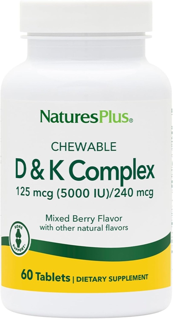 Natures Plus D & K Complex - 60 Mixed Berry Chewables - Podporuje metabolismus vápníku - Vegetarian, non-GMO, gluten Free, Soy Free - 60 Služeb