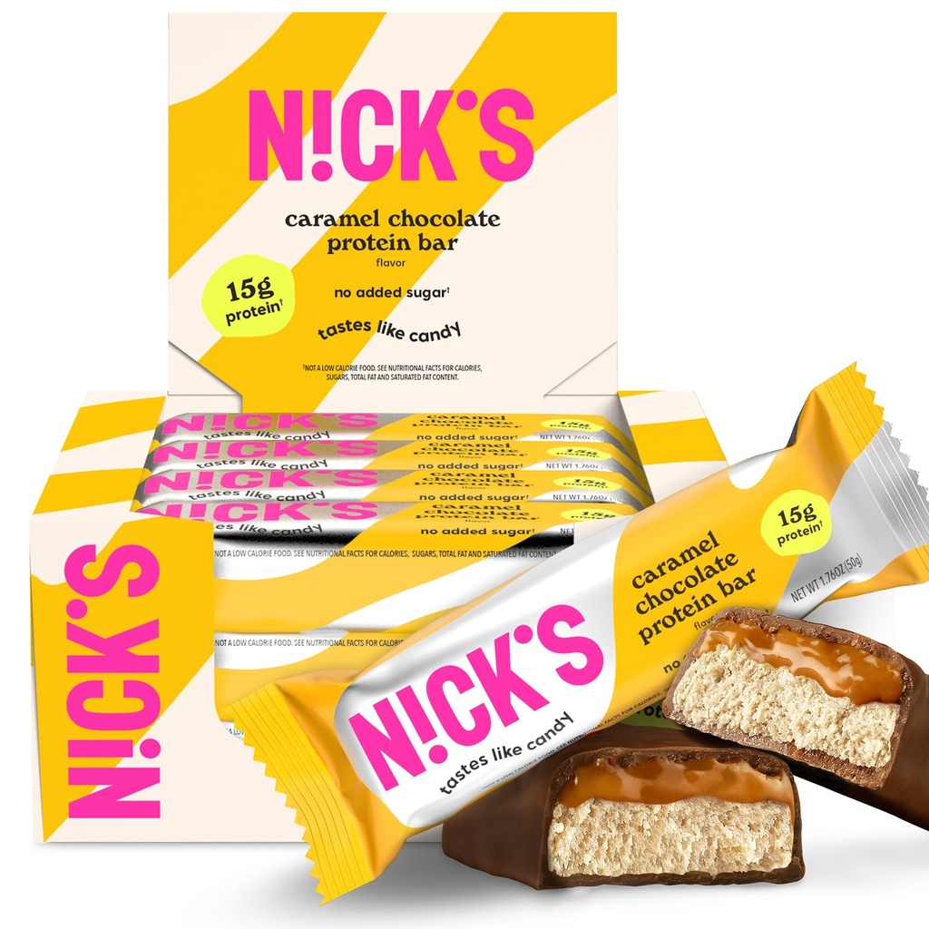 Nickův čokoládový karamelové tyčinky - 12- Count Box 124; Vysoký protein, Nízké kalorie, Nízké sacharidy, Keto Friendly, No Add Sugar